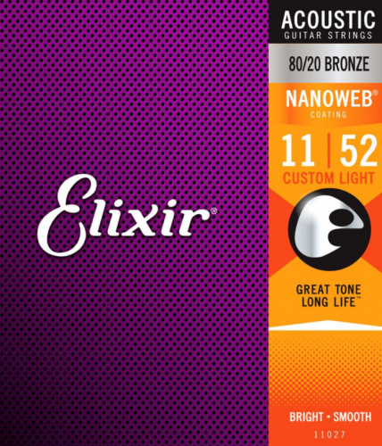 Elixir Nanoweb Coated 80/20 Bronze Acoustic Guitar Strings 11027 Custom Light 11-52
